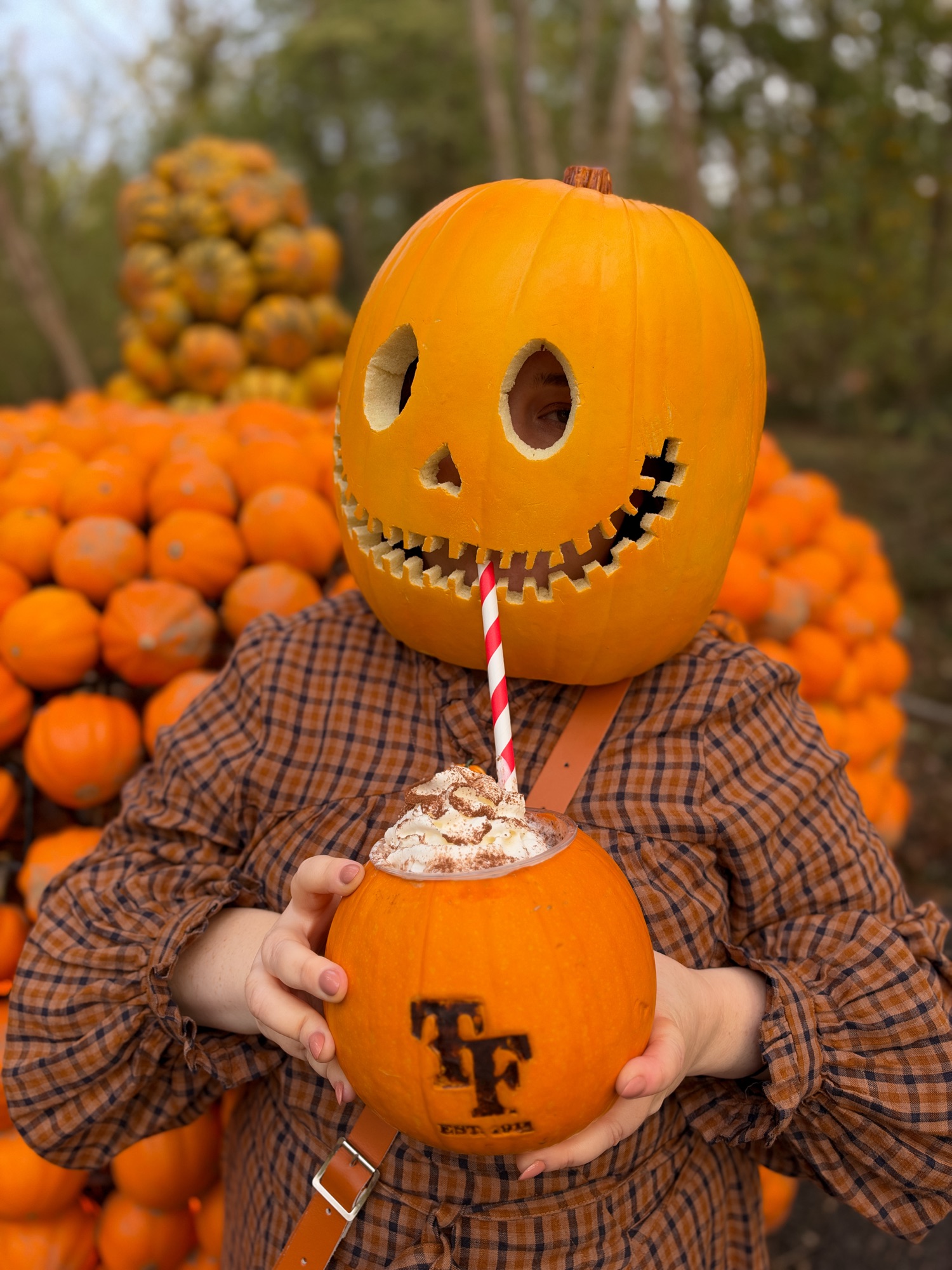 Close-up: A person wearing a grinning orange pumpkin head and brown checked dress holds a pumpkin-shaped drink topped with whipped cream and a striped straw, against a backdrop of hundreds of orange pumpkins.